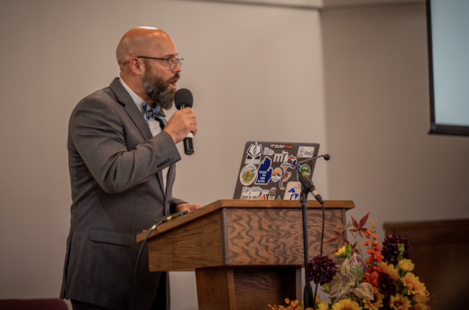 Jeremy Hall shares relevant data regarding the impact of Adventist education in a young person's life. (PC: Ben Martin)
