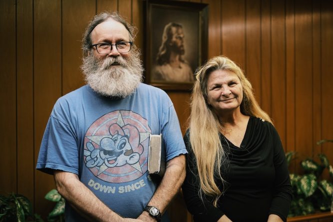 Mark (left) accepted Jesus into His life in 2014 after recognizing that the world is a dead-end street. He's been attending church ever since. Here he poses with Laura, another member who is helping with the series.